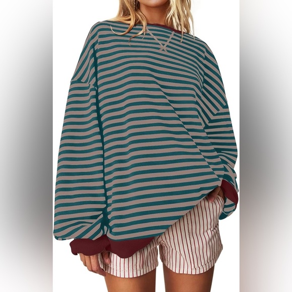 Free People Inspired Stripe Long Sleeve Crew Top Sweatshirt Oversized Small - Picture 8 of 9